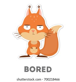 Isolated bored squirrel on white background. Funny cartoon character.