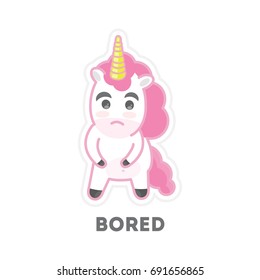 Isolated bored unicorn. Funny cartoon character on white background.