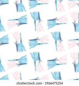 Isolated botanic nature seamless pattern with blue and pink flowers ornament. White background. Graphic design for wrapping paper and fabric textures. Vector Illustration.