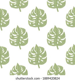 Isolated botanic seamless pattern with doodle green monstera leaves. Tropic backdrop with white background. Great for fabric design, textile print, wrapping, cover. Vector illustration.