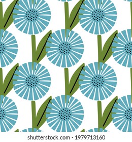 Isolated botanic seamless pattern with doodle blue abstract daisy flowers print. White background. Hand drawn style. Graphic design for wrapping paper and fabric textures. Vector Illustration.