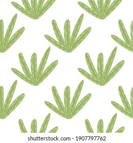 Isolated botanic seamless pattern with green leaf doodle shapes. White background. Cartoon backdrop. Decorative backdrop for fabric design, textile print, wrapping, cover. Vector illustration