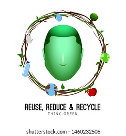 Isolated botanical wreath with recycle elements and green man avatar - Vector