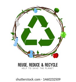 Isolated botanical wreath with recycle elements and recycling symbol- Vector