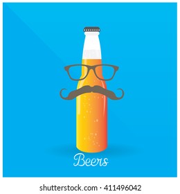 Isolated bottle of beer with text, glasses and a mustache icon on a blue background