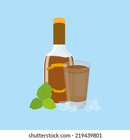 an isolated bottle and a glass with beer on a blue background
