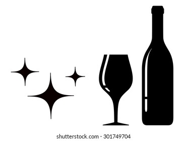 isolated bottle and glass black silhouette for alcohol menu card