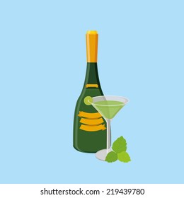 an isolated bottle and a glass with cocktail on a blue background