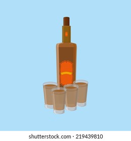 an isolated bottle and glasses with beer on a blue background