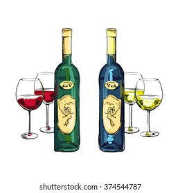 isolated bottle of white and red wine with filled stemware on a white background