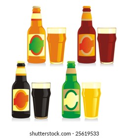 isolated bottles and glasses of different types of beer