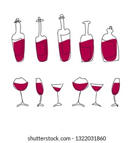 isolated bottles and glasses and in a row