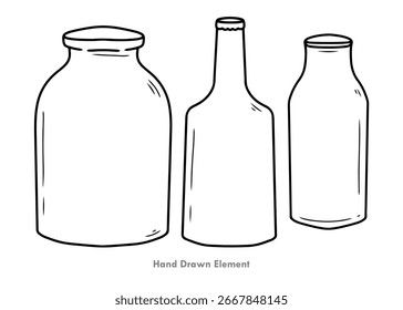 Isolated bottles and glasses in various shapes, some with liquid, on a white background