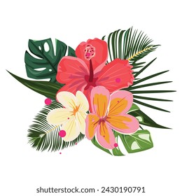 Isolated Bouquet with Plumeria, Hibiscus and Exotic Leaves.