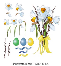 Isolated bouquet of white-yellow narcissus (daffodils) with yellow bow on white background. Isolated elements of flowers. Easter egg. 