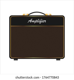 Isolated boutique black vintage electric guitar amplifier, equipment for musician flat logo or icon style, print for tee-shirt and graphic design, Musical sales business. vector and illustration.