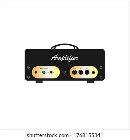 Isolated boutique black vintage electric guitar amplifier, equipment for musician flat logo or icon style, print for tee-shirt and graphic design, Musical sales business. vector and illustration.