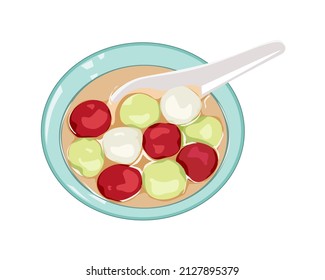 Cuencos aislados de bolas de arroz glutinosas o yuan tang con frijol rojo, verde y blanco. Un postre chino de diferentes colores con fondo blanco, dibujo a mano ilustración vectorial realista. 