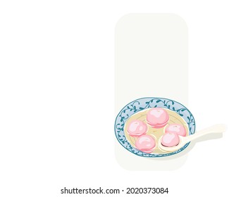 Isolated bowl of pink tang yuan or glutinous rice balls in a traditional style blue bowl with ginger soup, a spoon picked tang yuan from a bowl. Close up realistic hand drawing vector illustration. 