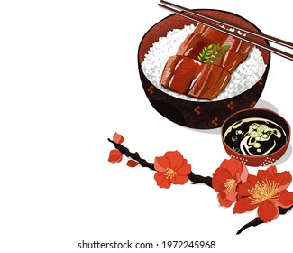 Isolated bowl of Unagi Kabayaki Japanese Eel Grilled with sweet sauce  and soup. Isolated Unagi bento on white background with red flower decoration. Asian Food drawing vector illustration  