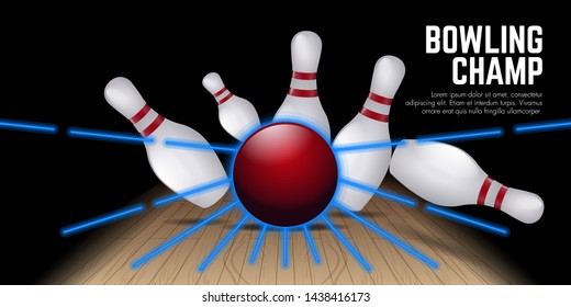 Isolated bowling poster with a ball and bowling pins on a lane - Vector