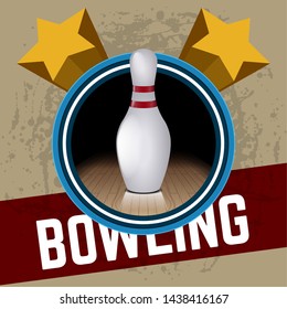 Isolated bowling poster with a bowling pin on a lane and stars - Vector
