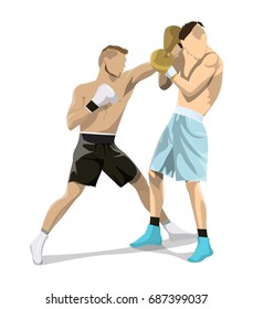 Isolated box fighting on white background. Two men in boxing gloves and uniform.