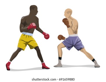 Caja aislada luchando sobre fondo blanco. Dos hombres con guantes de boxeo y uniforme.