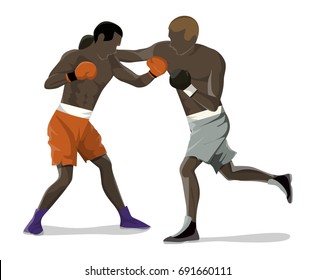 Isolated box fighting on white background. Two men in boxing gloves and uniform.