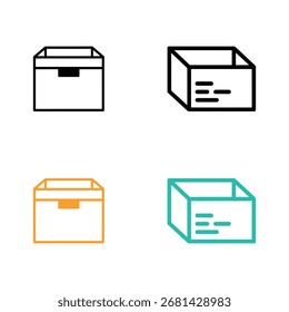 Isolated box icons on a white background. These show variations of storage, shipping, and delivery box designs in black, orange, and teal colors.