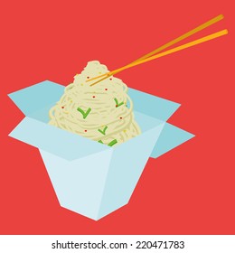 an isolated box of rice and pasta on a red background