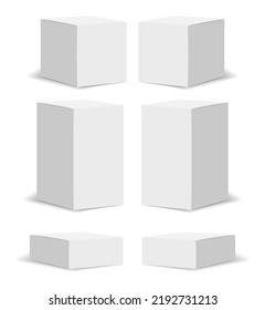 Embalaje de cajas aisladas, conjunto de paquetes blancos aislados realistas, ilustración vectorial, vector de caja cosmética, colección de paquetes de cajas