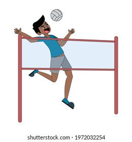 Isolated boy character practicing volleyball