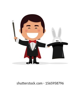 Isolated boy dressed as a magician illusionist. Vector illustration