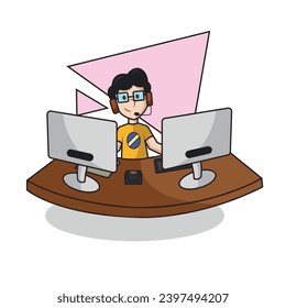 Isolated boy gamer character playing on a computer Vector illustration