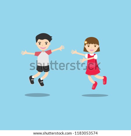 Isolated Boy And Girl Jumping From Hapiness