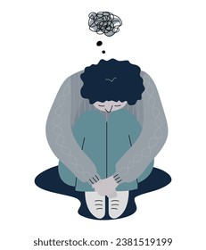 Isolated of a boy hugging his knees, hand drawn flat vector illustration.