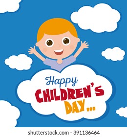 Isolated boy on a blue background with text and clouds