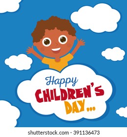 Isolated boy on a blue background with text and clouds