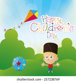 an isolated boy on a landscape with toys and text