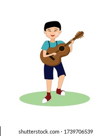 isolated boy is playing guitar. Vector illustration of a cheerful boy playing guitar happily. guitar cartoon. music cartoon.