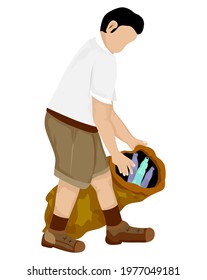 isolated boy student put plastic bottle into sack on white background vector design