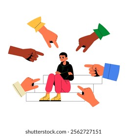 Isolated Boy Surrounded By Pointing Hands In Flat Vector Illustration Symbolizing Bullying, Judgement, And Social Pressure, Isolated On White Background.