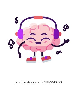 Dibujo cerebral aislado con auriculares escuchando música - Ilustración vectorial