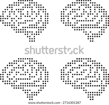 Isolated Brain Dot Map Icons, Brain Dot Map Icons Black Style, Brain Minimal Mind UI Symbols, Four Identical Dot Grid Icons, Clean Modern App Web Interface Design