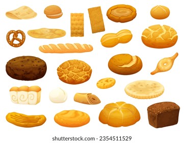 Isolated bread and bakery. Bakery crusty products, bakehouse fresh pastry or bakeshop freshly baked cartoon vector bread. Isolated pretzel, burger bun, chapati, tandoor flatbread and barmbrack