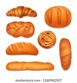 Isolated bread bakery realistic icon set with various shapes and taste bread loaves vector illustration