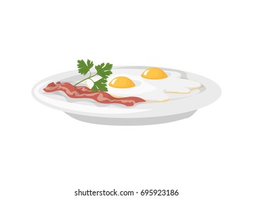 Isolated breakfast fried eggs with bacon on a plate on white background.