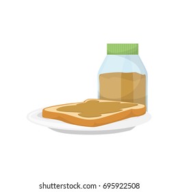 Isolated breakfast peanut butter with bread toast on white background.