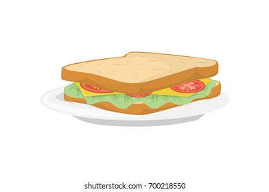 Isolated breakfast sandwich on white background. Bread with salad, tomatoes and cheese.